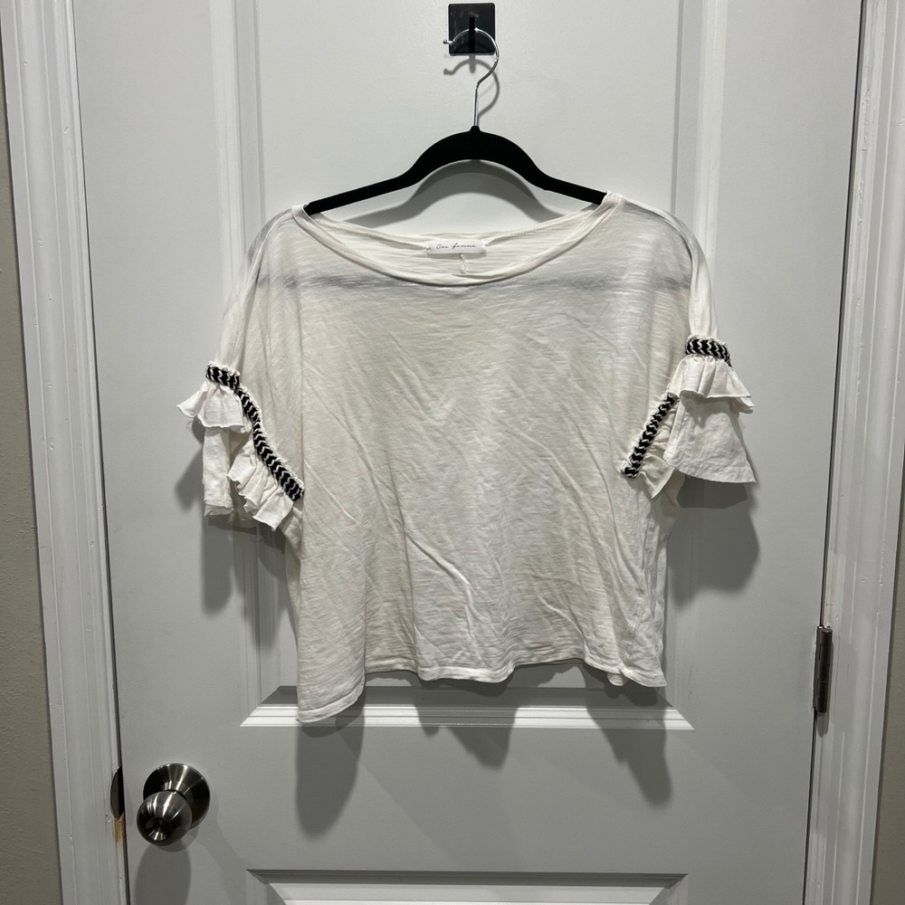 Ces Femme Womens Top Ruffle Braided Sleeve White Size M/L